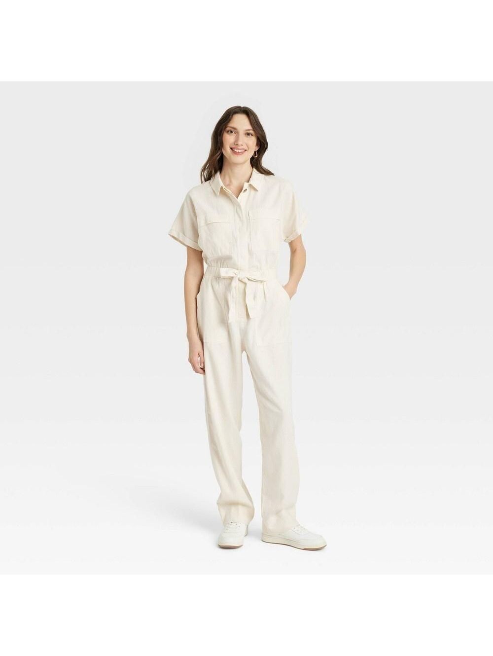 Size 0 Women's Short Sleeve Linen Boilersuit - Universal Thread™ Cream NWT